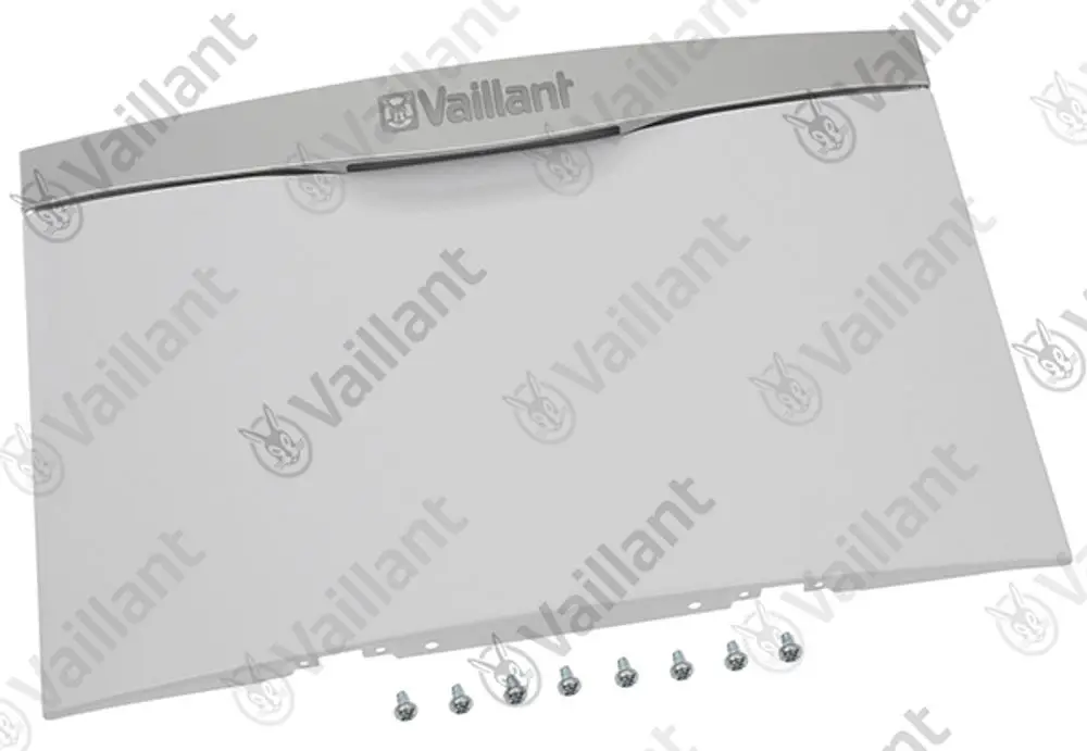 Vaillant-Abdeckung in Weiß mit grauem Griff, versehen mit Befestigungsschrauben, zur Verwendung in Heizsystemen.